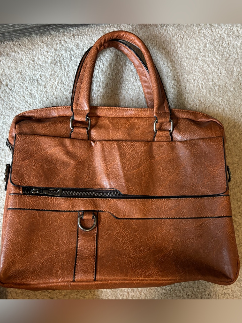 Men's Tan Faux Leather Briefcase with Front Zip Pocket